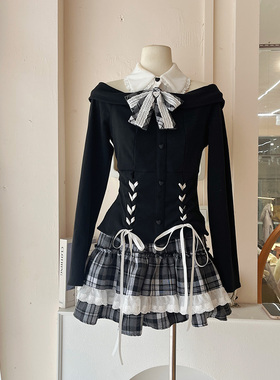 LHTE青青大码女装 辣妹学院风暗黑风酷酷上衣格子裙两件套T5464