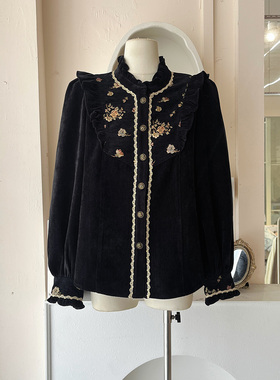 LHTE青青大码女装 法式宫廷风黑金刺绣高级感设计感名媛长袖C5366