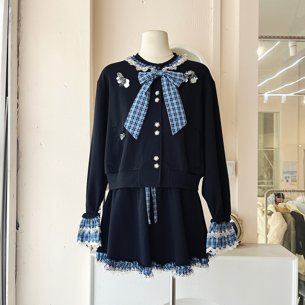 LHTE青青大码女装 秋冬学院风格子蝴蝶结精致休闲风两件套T5317