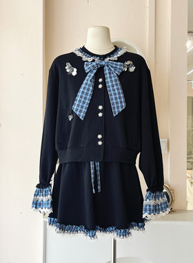 LHTE青青大码女装 秋冬学院风格子蝴蝶结精致休闲风两件套T5317