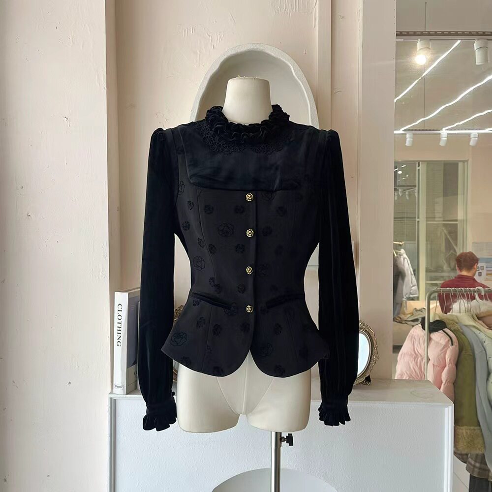 LHTE青青大码女装 法式复古名媛高级感金丝绒高级感上衣C5328黑色