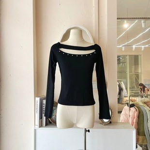 C5326黑色 春秋一字肩性感镂空上衣打底衫 LHTE青青大码 女装