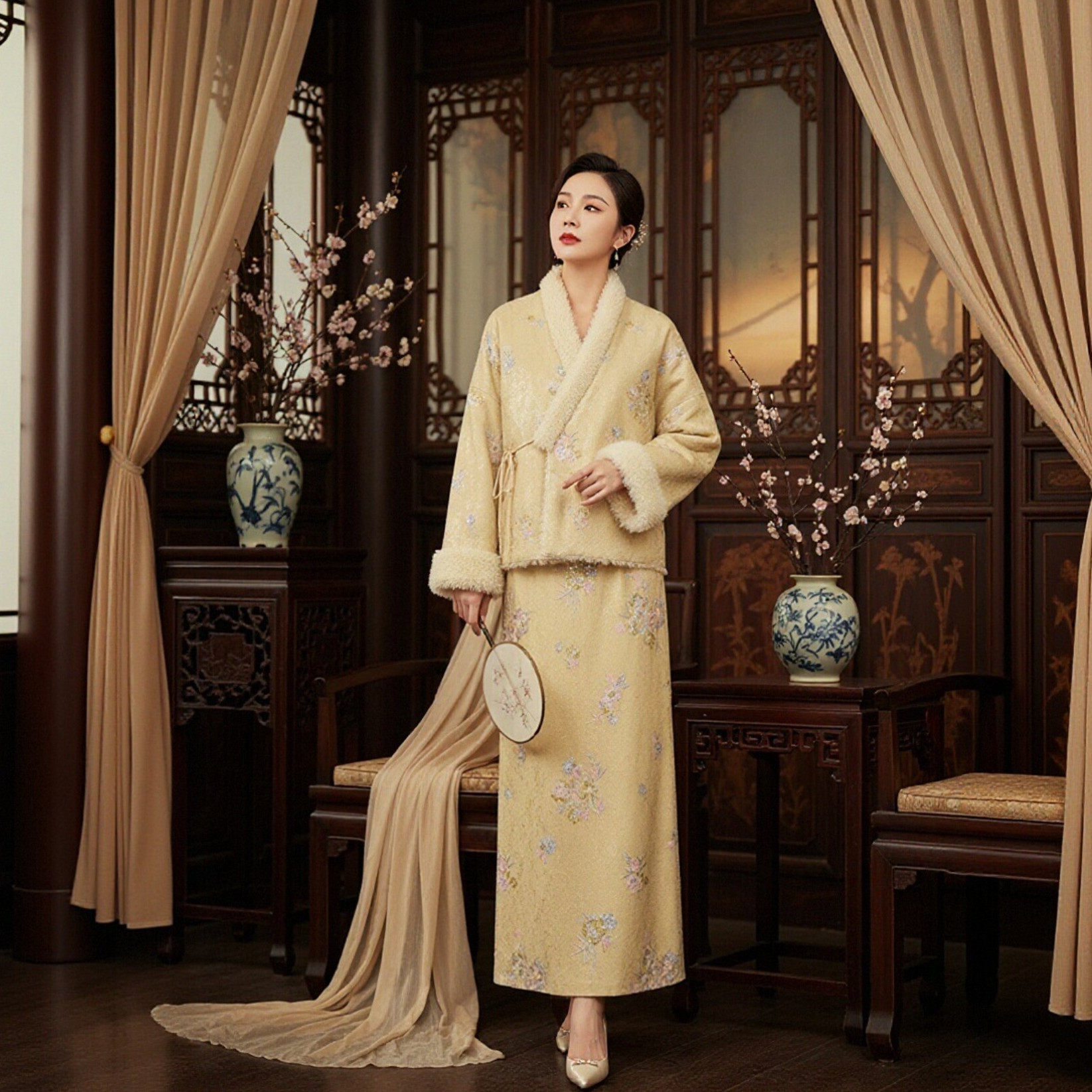 新中式钉珠刺绣花卉套装系带毛毛宽松外套夹棉直筒半裙松紧腰,女装/女士精品,汉服套装,淘宝优惠券,粉丝福利购,淘宝优惠卷