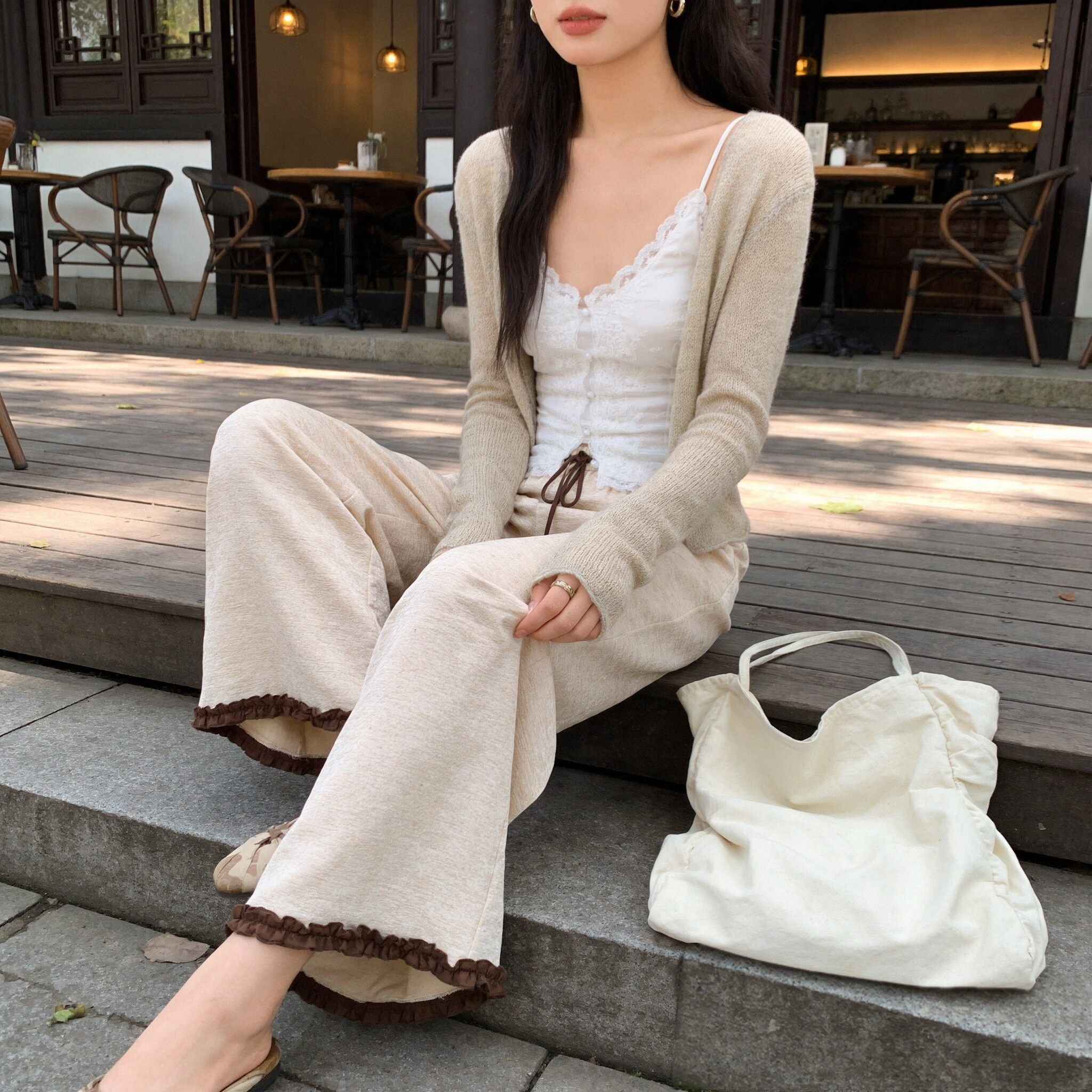 新中式高腰木耳边亚麻长裤