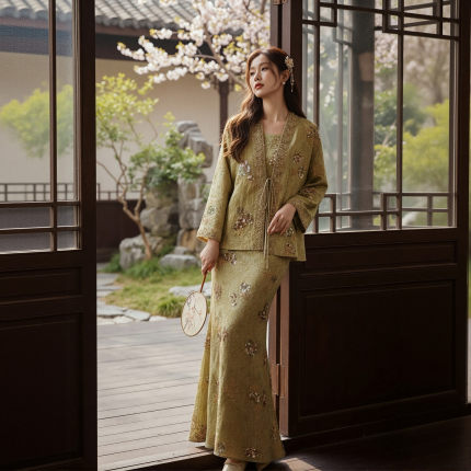 新中式浮光锦珠绣人丝禅意外套+钉珠吊带+鱼尾半裙国风汉服套装女