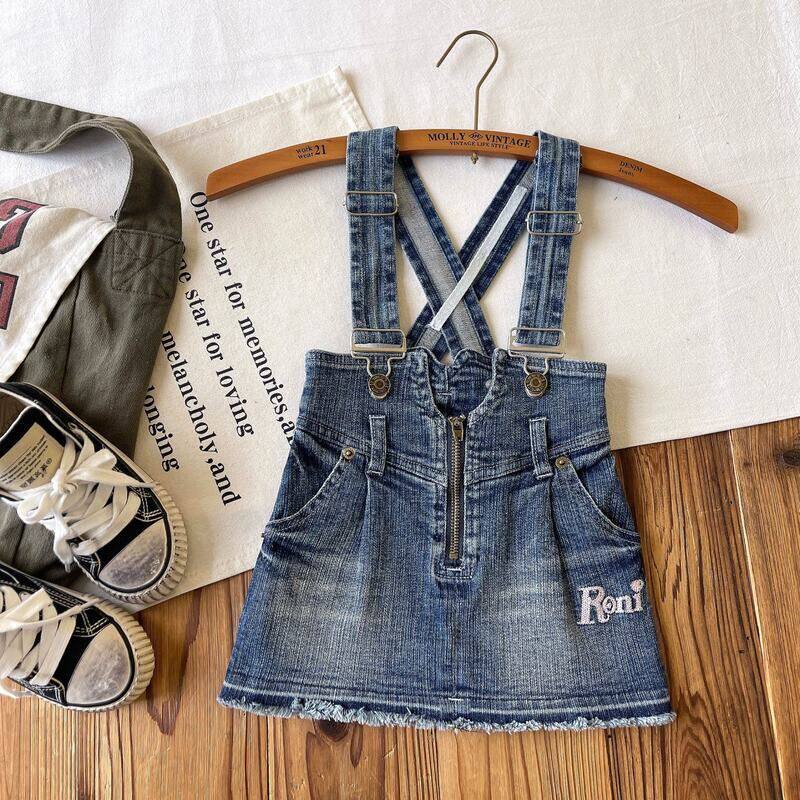 古德家 日系中古童装RONI女童高腰牛仔背带裙复古做旧牛仔裙子