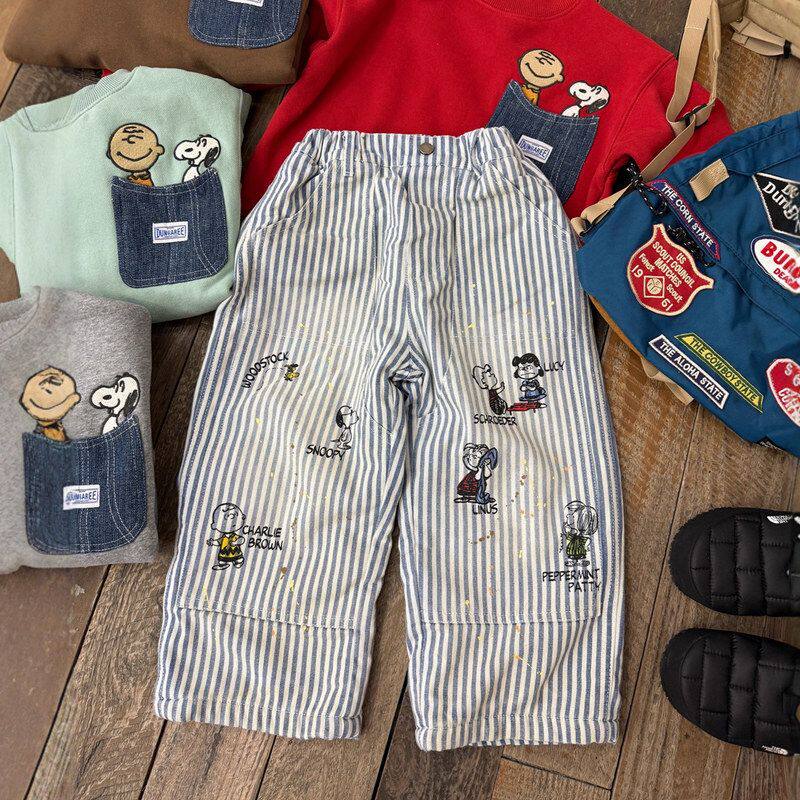 古德家儿童加绒牛仔裤2025冬季新款男女童个性条纹泼墨涂鸦加厚