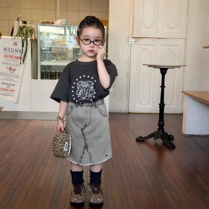 古德家女童套装韩2026夏季新款儿童美式T恤牛仔半身裙两件套套装