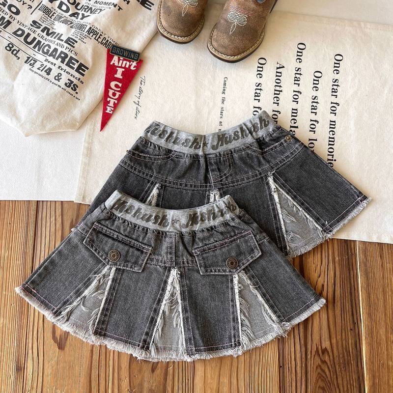 古德家 日系童装中古儿童拼接牛仔短裙英文印花腰带百褶裙