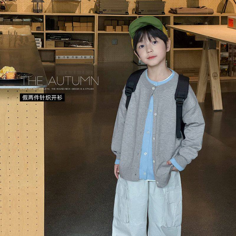 古德家2025男童秋款洋气圆领宝宝针织开衫韩版拼色假两件儿童毛