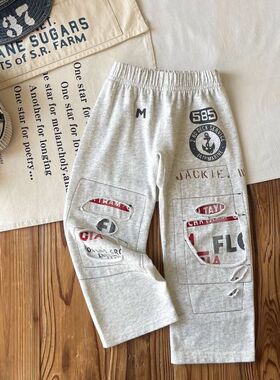 古德家日系童装中古DD儿童字母破洞涂鸦灰色卫裤长裤