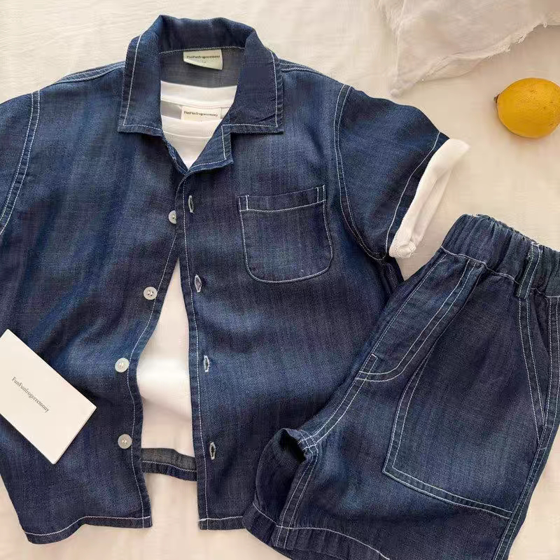儿童衬衫套装男短袖夏季款小童牛仔上衣纯色宝宝衬衣两件套女薄款