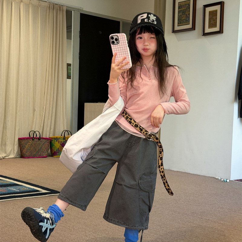 古德家女童2026秋款韩版下摆网纱T恤儿童亨利领木耳边长袖上衣潮