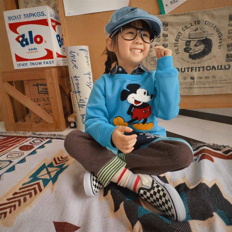 古德家25AW春款 男童女童薄绒卫衣 日系卡通毛巾绣章子圆领打底衫