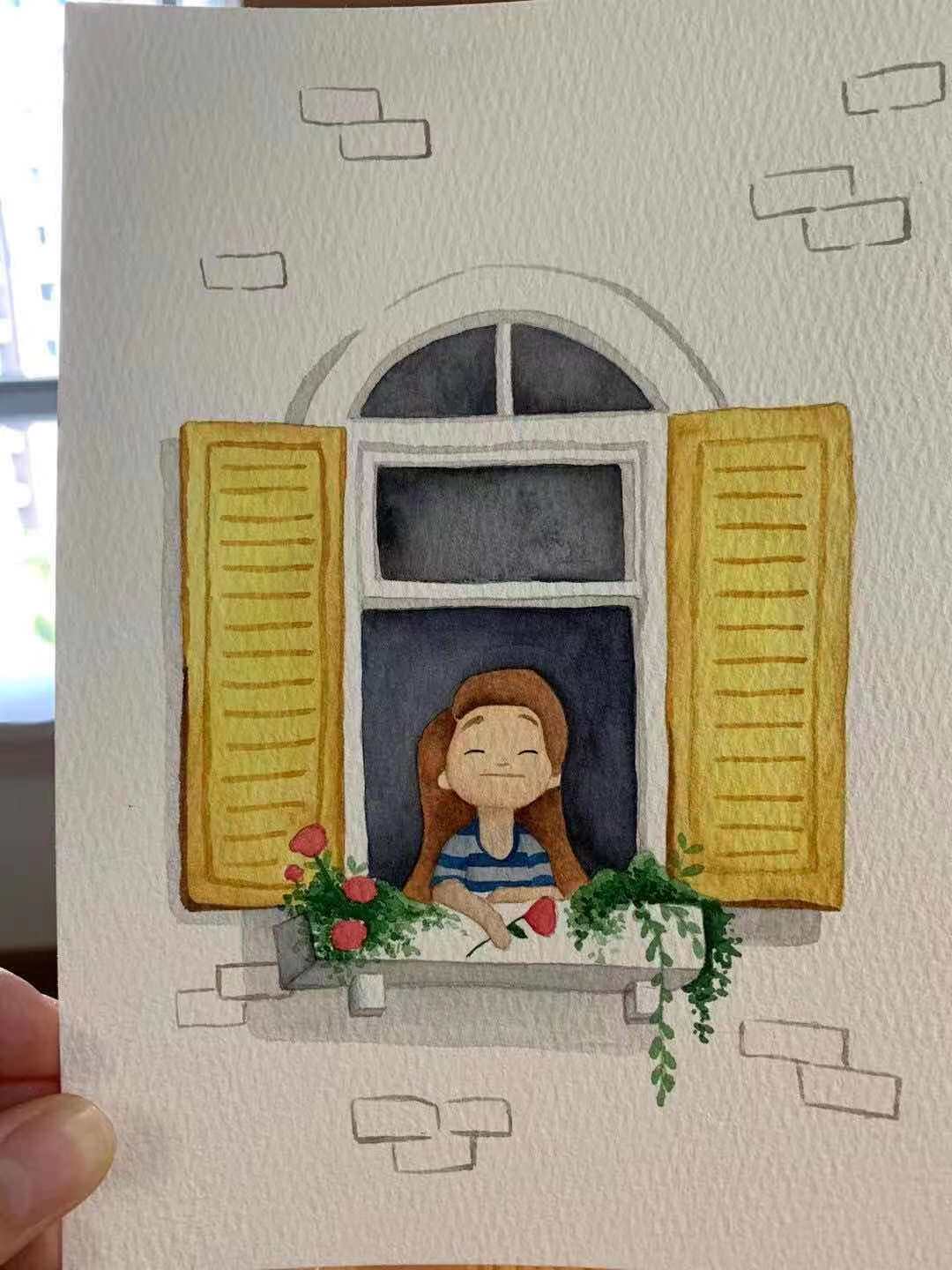 【三猫手绘】水彩画作品《窗台的花开了》605装饰画