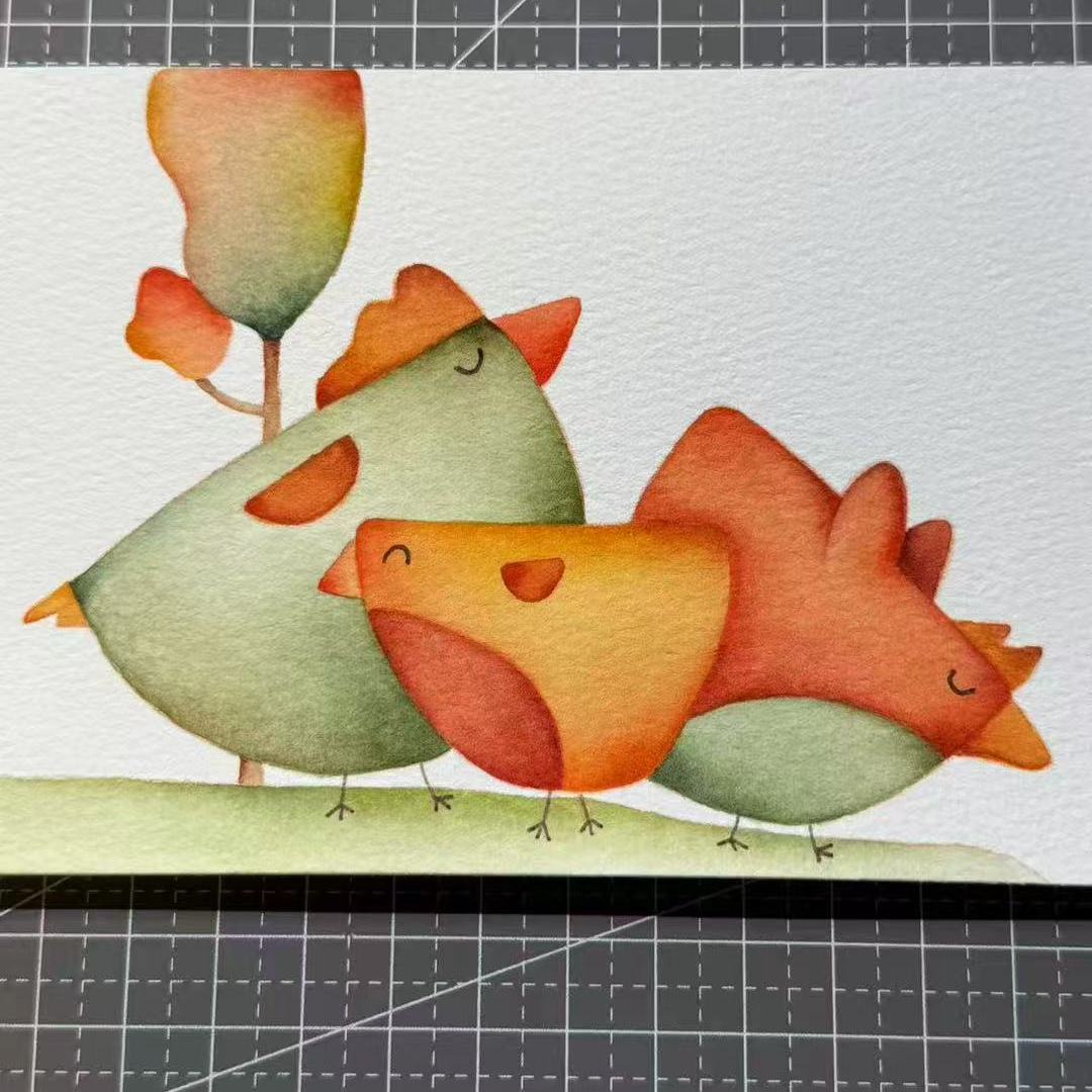 【三猫手绘】水彩画作品《大鸡小鸡》1865装饰画