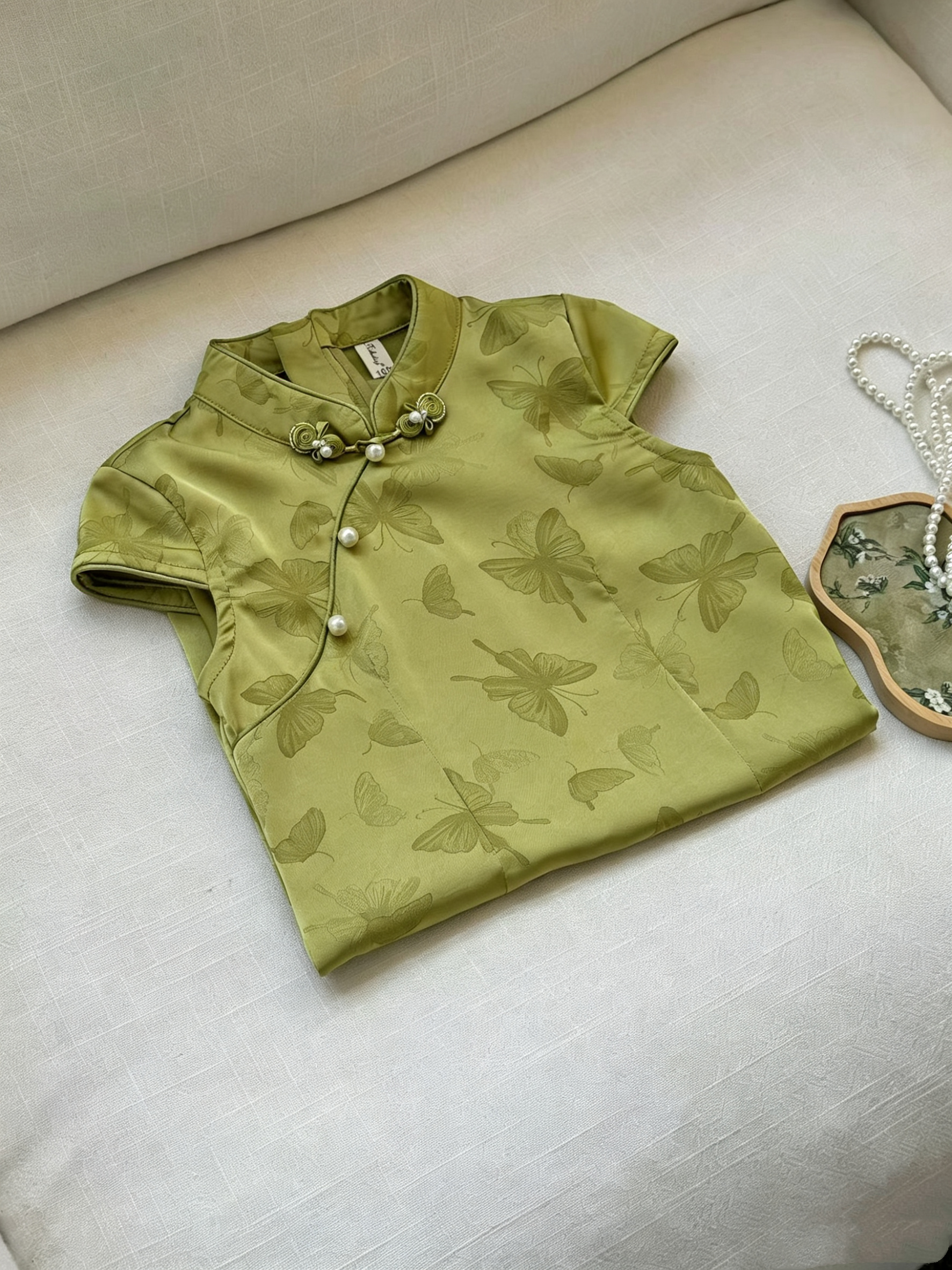 女童旗袍夏季薄款缎面提花绿色新款儿童洋气新中式旗袍裙宝宝裙子