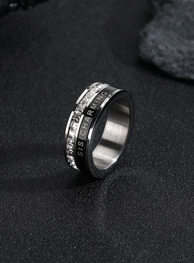 原创设计满天星锆石嘻哈潮流钛钢戒指欧美时尚个性男士指环可转动