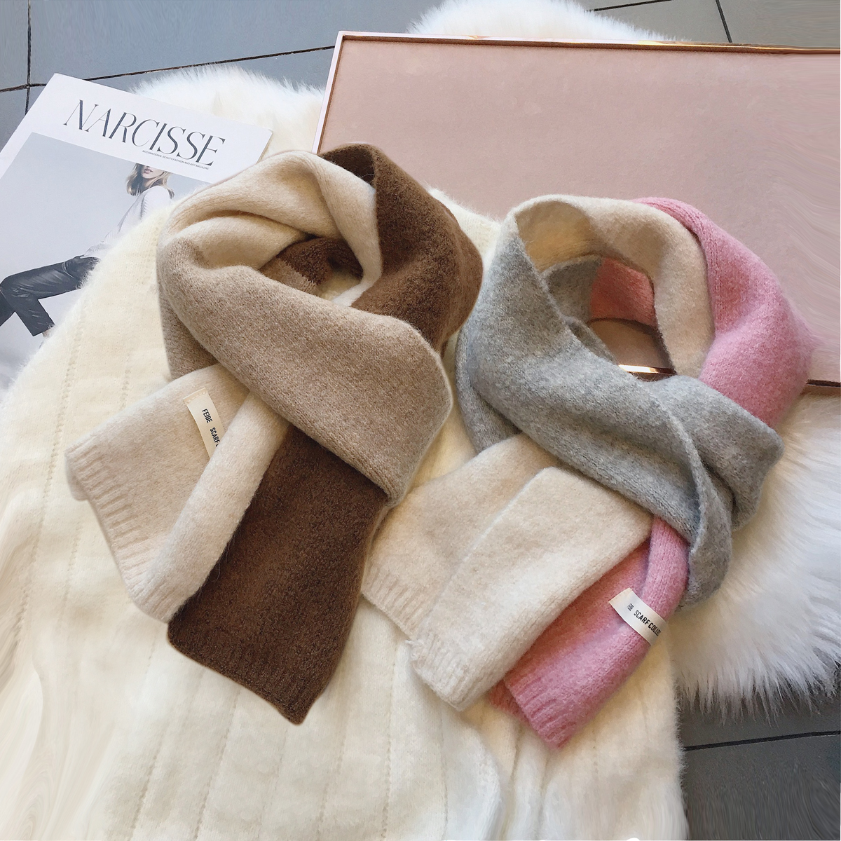 敲温柔~拼色毛线小围巾百搭女韩国窄版保暖围脖学生男女亲子秋冬