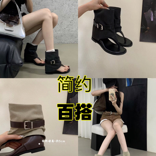 2026春夏百搭内增高圆头夹趾靴牛仔短靴女辣妹设计感露趾短靴