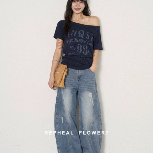 26年夏上新！韩版小心机斜肩字母印花休闲百搭短袖T恤短款上衣女