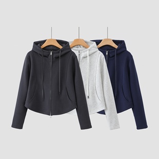 3088 简约匠心沙漏收腰连帽开衫 加绒秋季 新款