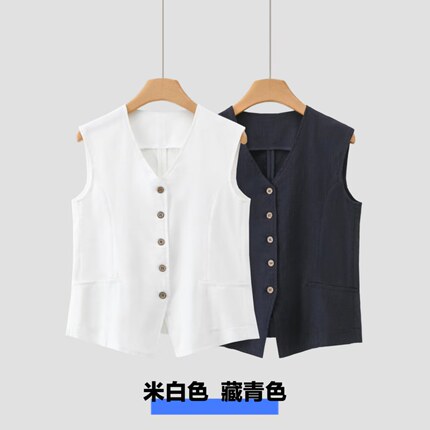 简约风V领纽扣马甲女夏季无袖背心棉麻设计感上衣3165