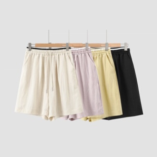 百搭休闲阔腿短裤 亚麻织带五分裤 松紧腰6129 夏日新解 新款