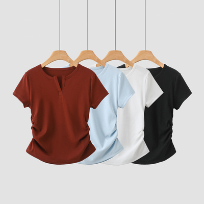 春季法式开口捏褶亲肤短袖T恤