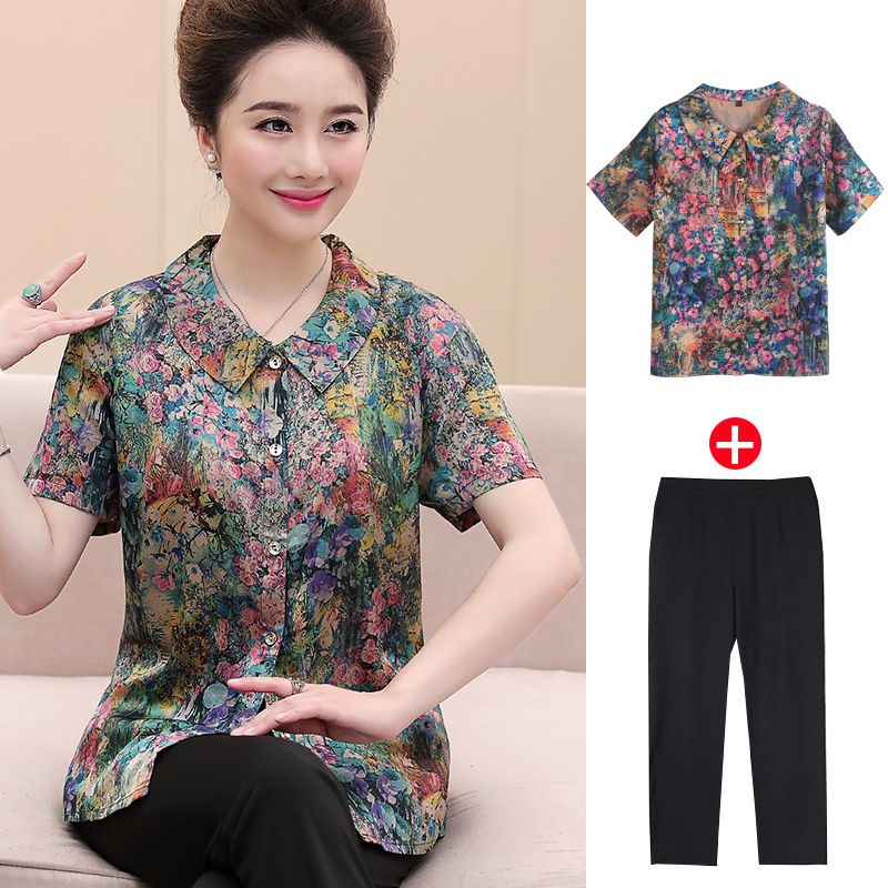 中老年人女装夏装真丝衬衫妈妈短袖T恤套装奶奶丝缎上衣香云纱
