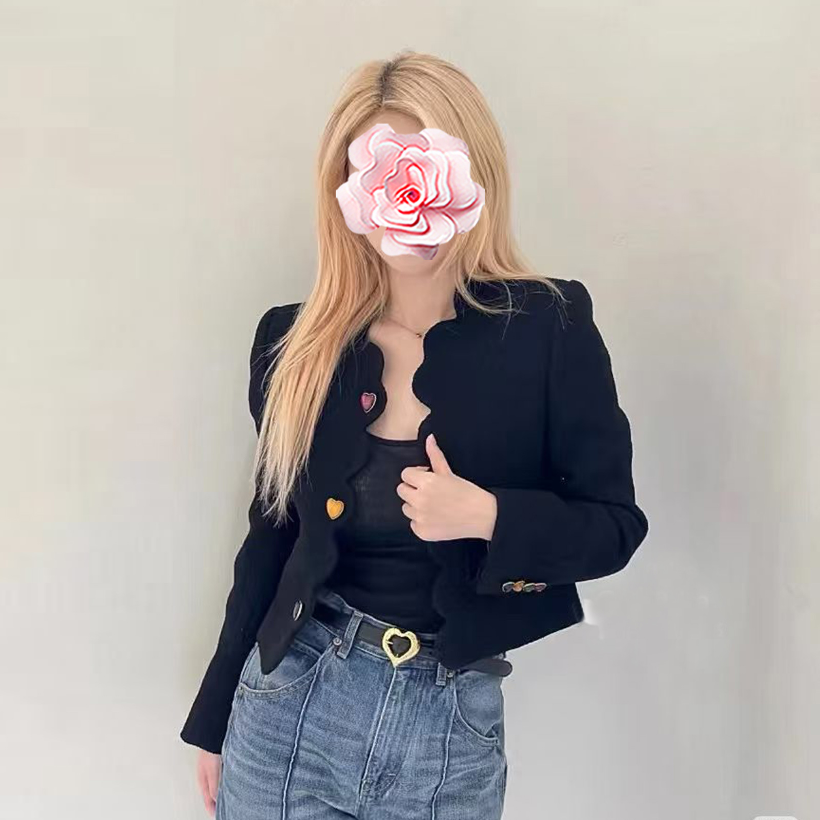 彩色心形纽扣扇贝花边薄花呢外套