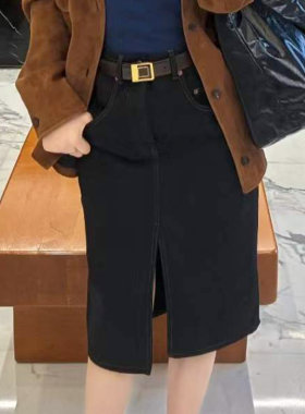 性感开衩中腰包臀牛仔铅笔半身裙