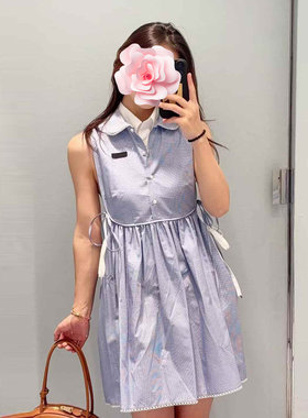 小花边彼得潘翻领蓝白格子连衣裙