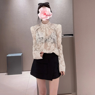 公主袖 厚垫肩立体肩线 上衣 华美半透视蕾丝 重工bling烫钻