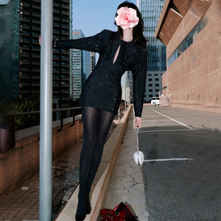 立体肩线修身 大颗方钻 弹力网纱连衣裙 bling闪亮奢华 陈都灵同款