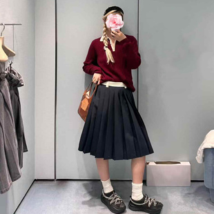 精纺羊毛 不退不换 25新款 特惠239 撞色高腰百褶A摆半身裙 原439