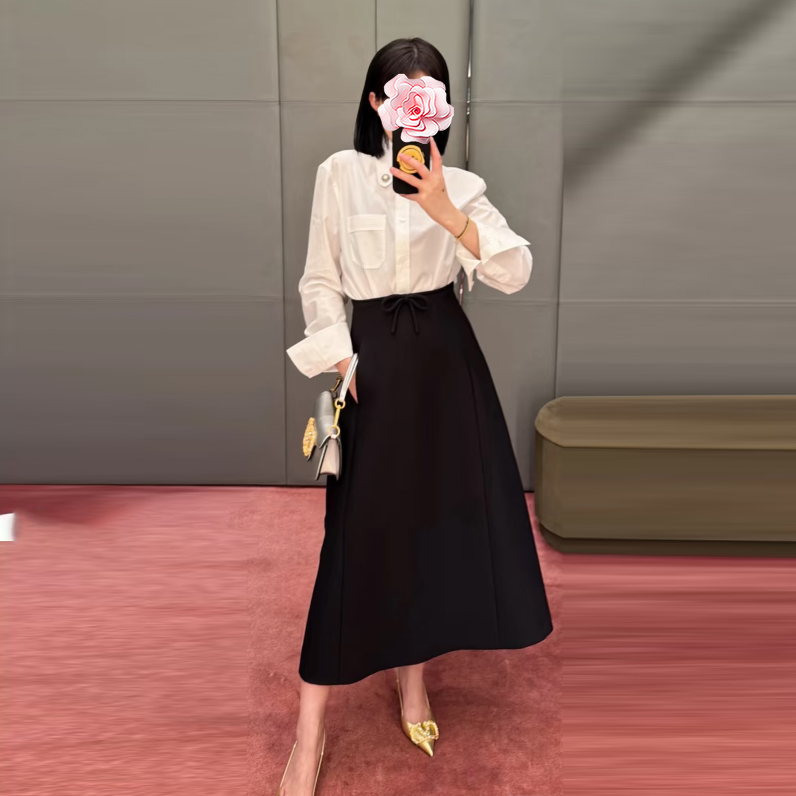 棉棒蝴蝶结高腰A摆羊毛半身裙