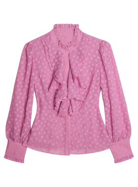 yuan单 客供定织植绒波点 玫紫色 垂坠荷叶花边 公主袖衬衣