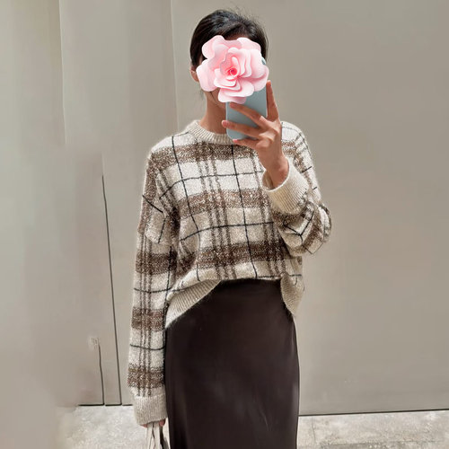 奢华亮片格子羊毛羊驼针织衫