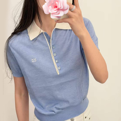 撞色镶边POLO领短袖薄羊毛针织衫