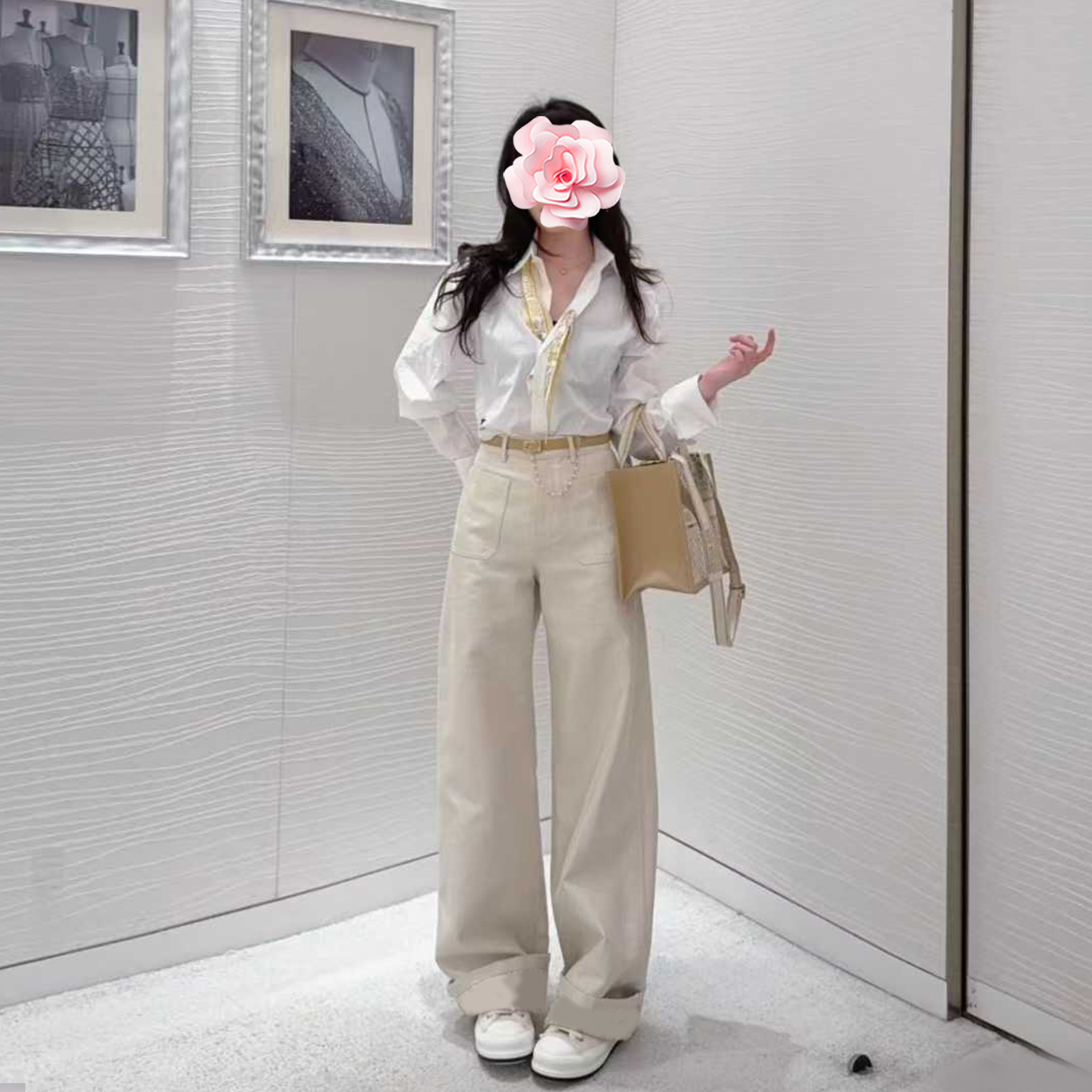 小口袋bling金线高腰直筒牛仔裤