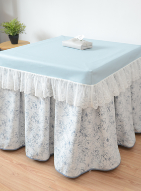 冬季法式蓝色花枝奶油正方形雪尼尔防油加绒烤火罩电取暖桌罩定做