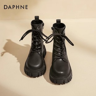 达芙妮黑色马丁靴女2024爆款 厚底增高炸街机车靴英伦风短靴子 春季