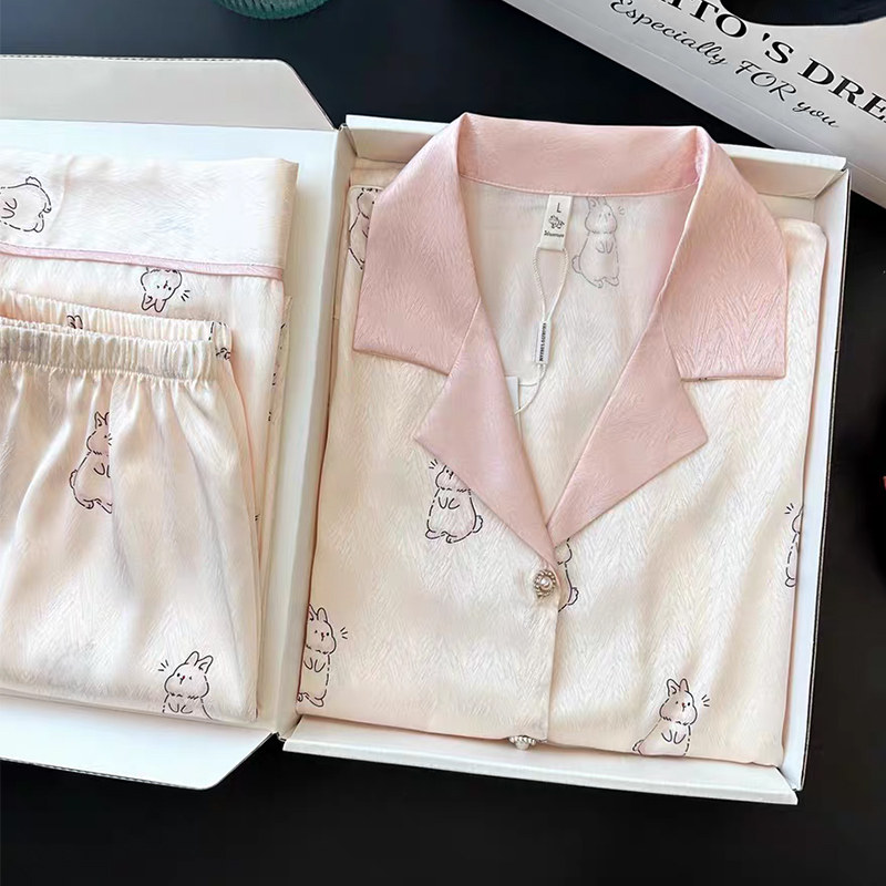 冰丝睡衣女款夏三件套2025新款纯色女士夏季凉感家居服套装可外穿