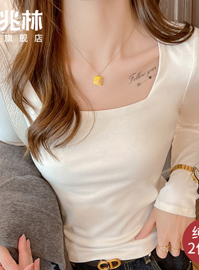 白色方领打底衫女春秋冬款2025新款低领内搭修身显瘦上衣纯棉体恤