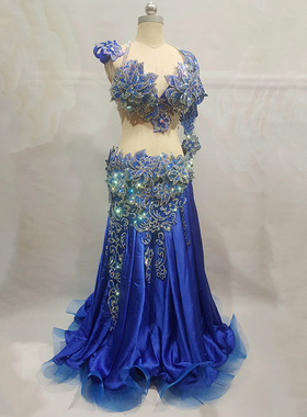 2021新款重工宝蓝色大码肚皮舞演出服套装成人儿童奢华比赛服装裙