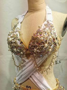 伊西斯pris新款白色飘逸肚皮舞大摆开叉演出裙成人大码表演服定制