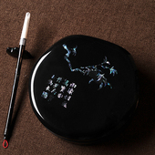 扬州漆器厂点螺楠木雕漆砂砚 双桃 砚台古典工艺品摆件商务送礼