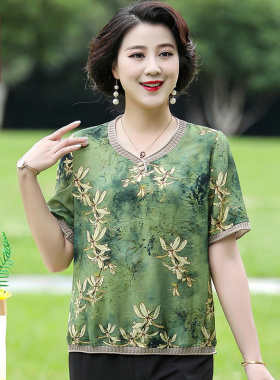 妈妈夏装T恤衫短袖凉爽绿色上衣宽松大码中老年女装奶奶洋气小衫