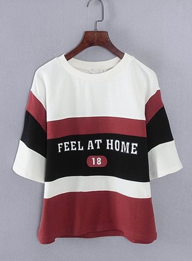 香蕉系列 夏季新款专柜女装库存折扣色块拼接短袖印花T恤Y4876